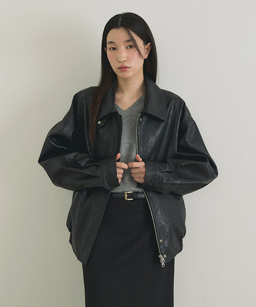 over fit leather blouson jacket-black