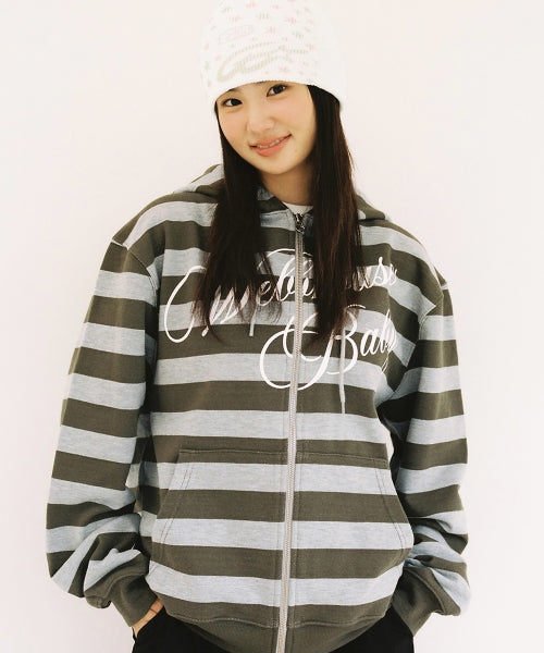 Web Baby Stripe Hooded Zip-Up - Gray/Khaki