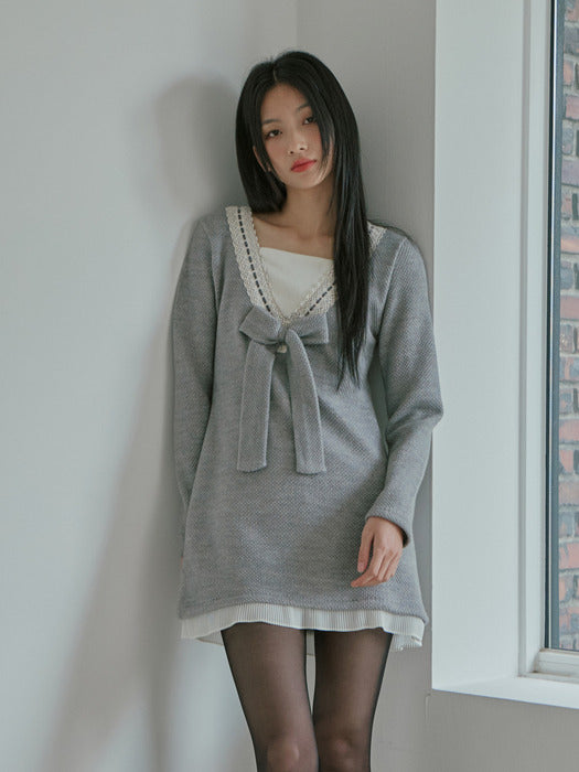 GIRLS SIGNATURE RIBBON KNIT DRESS GRAY