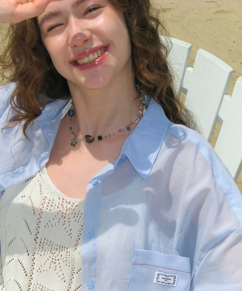 Sheer over fit short sleeve shirts soft blue