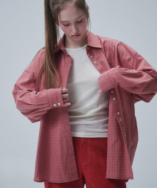 Heart Button Check Shirt, Red