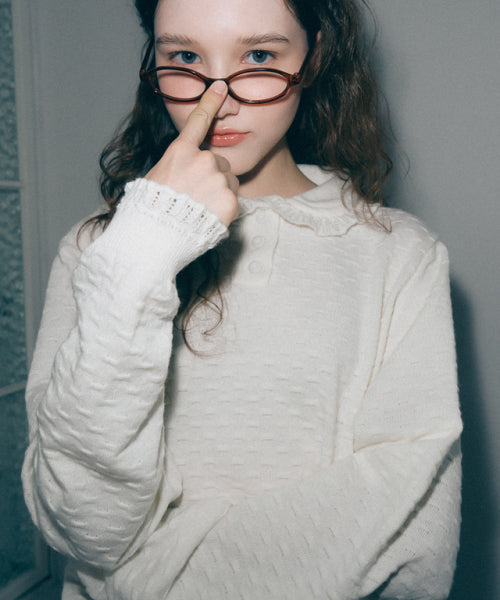 Ruffle Collar Embroidered Knit Ivory