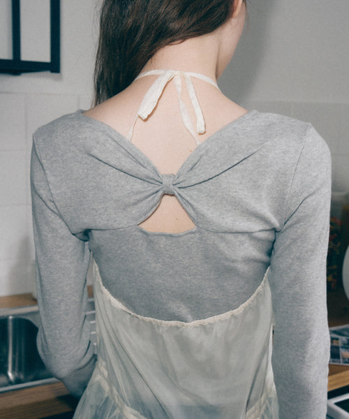 KNOT RIBBON SLIT LONG SLEEVE GREY