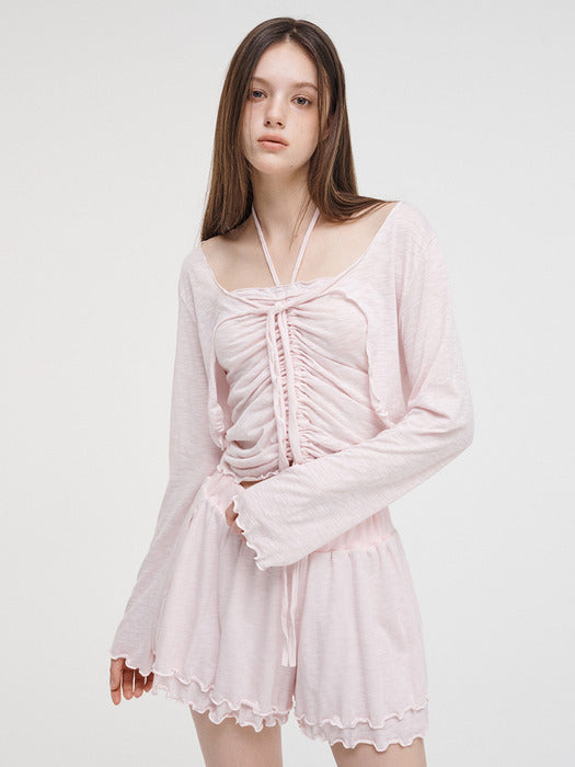 Slub Ruffle Cardigan, Pink
