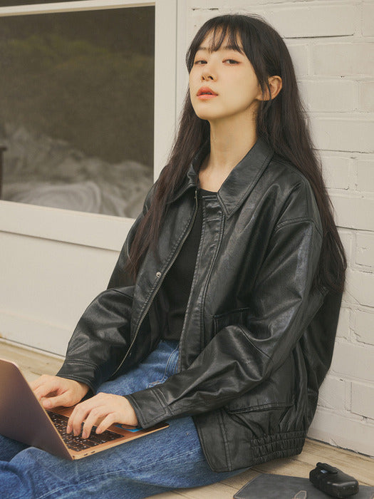 SIOT4079 Fake Leather Bomber Jacket_Black
