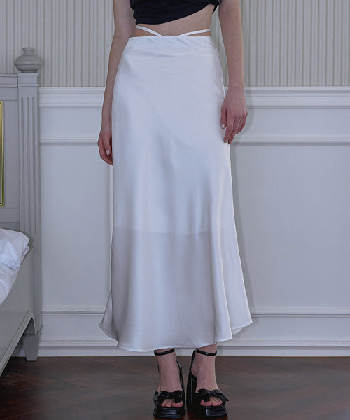 Side Strap Satin Long Skirt [White]