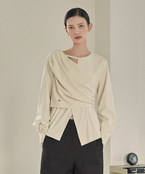 MICANE [44-120] Poshley Neck Accentuated Wrap Blouse - Size & Review | Musinsa