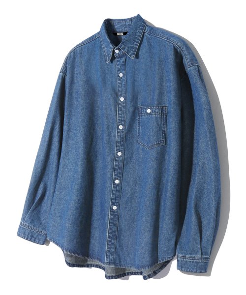Stone washed oversized fit denim long-sleeved shirt (MIDDE BLUE)