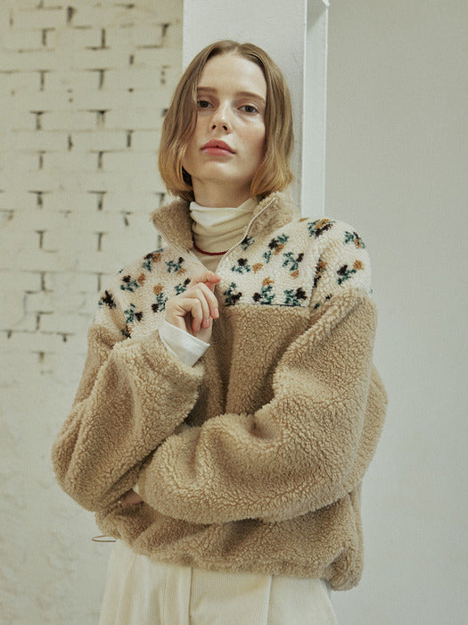 Flower Fleece Zip Up_Beige