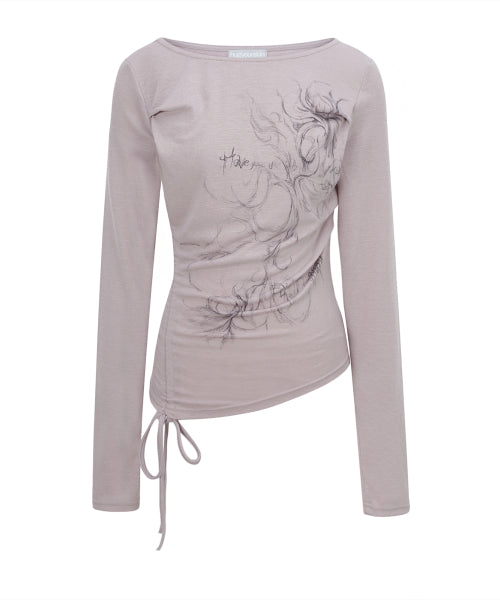 Boat Neck Shirring T-Shirt (Ash Pink)