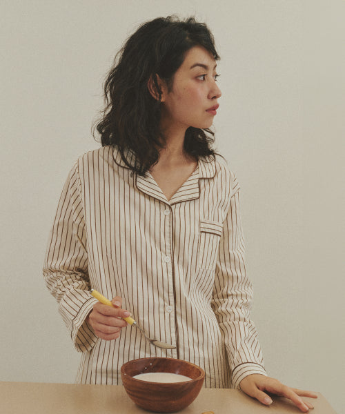(w)Standard Pinstripe Pajama Long Sleeve Set Brown Ivory