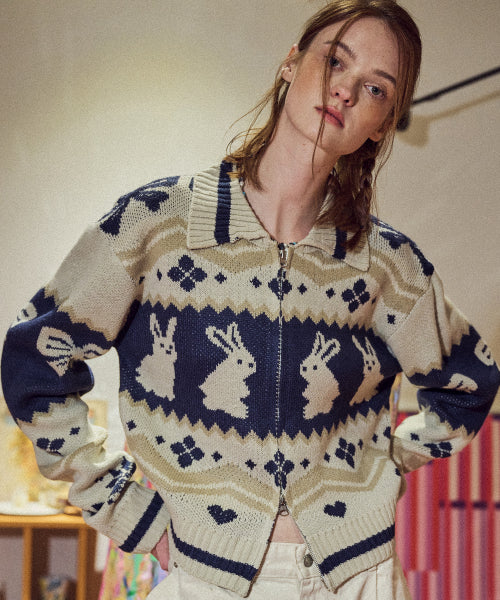 [2-WAY] Bunny Crop Zip-Up Knit Cream