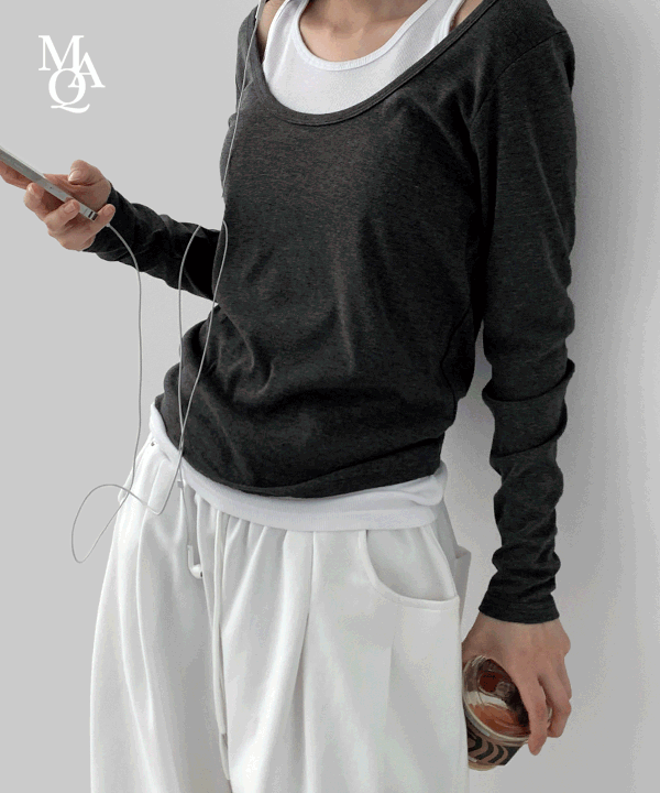 Manic [MNQ MADE] Bright Deep Unneck Long Sleeve T-shirt (Sleeveless SET)