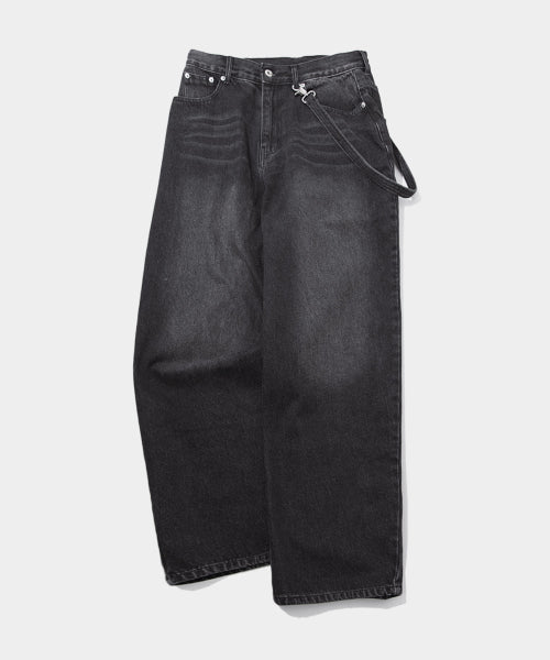 SOME PLACE Unisex Hidden String Wide Keyring Washed Balloon Denim Pants [Black] - Size & Reviews | MUSINSA