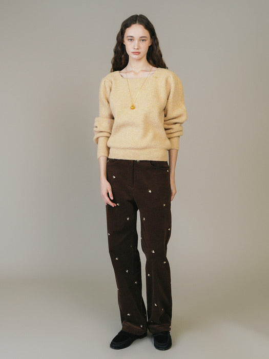 F Flower Needlework Corduroy Pants_Brown
