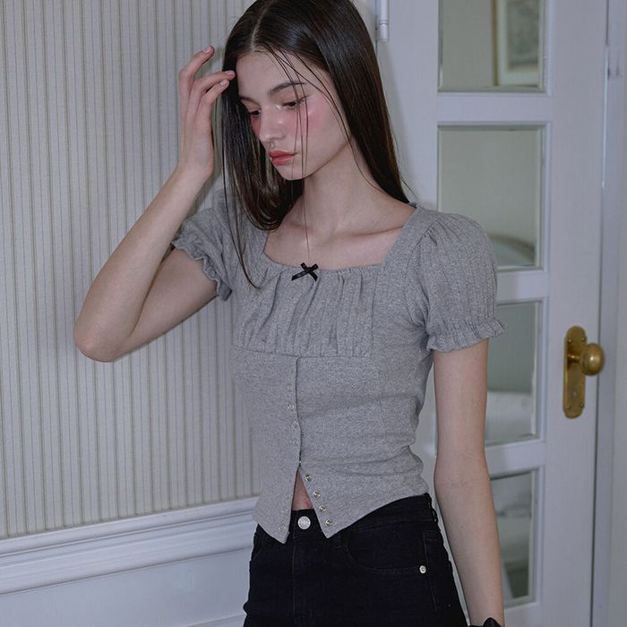 Puff Shirring Ribbon T-shirt [Gray]