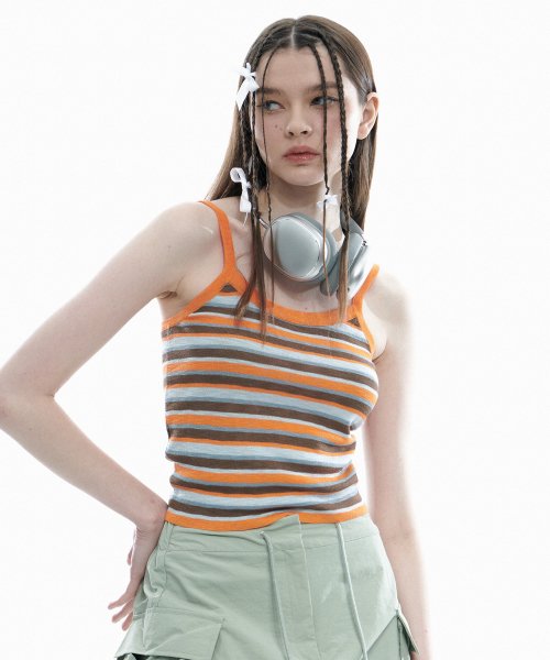 Color-blocked striped crop tank top [Orange]