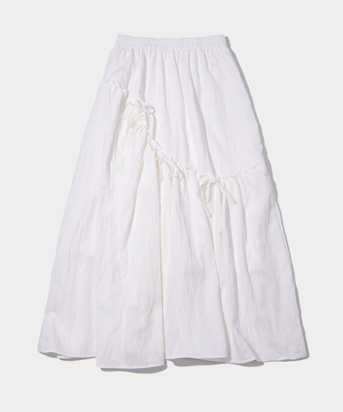 Lace Shirring Ribbon Cotton Banded Long Tiered Skirt [White]