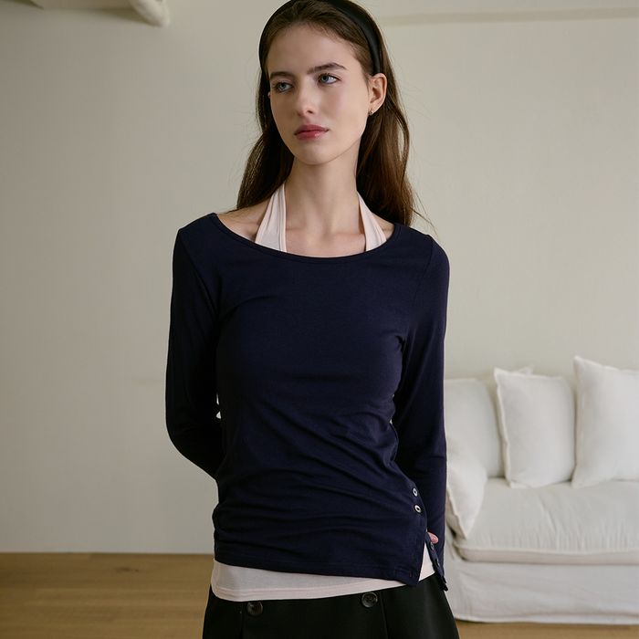 Ribbed Halterneck Layered T-shirt (Navy)