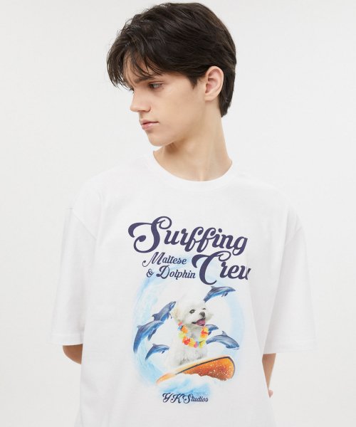 パピードルフィンサーフィンクルー半袖Tシャツホワイト