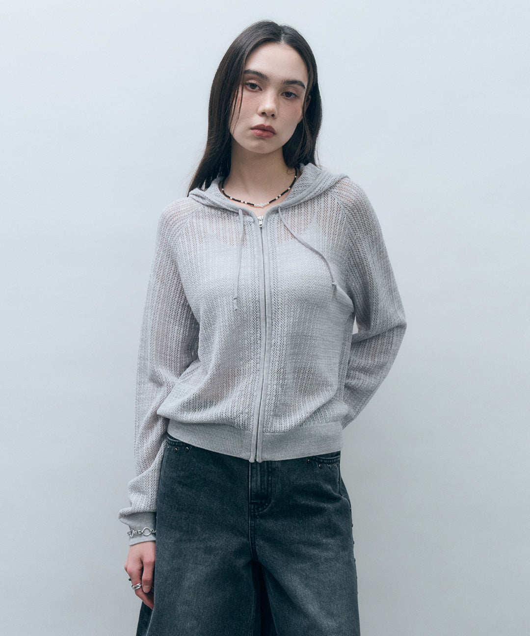 Mongdol Crochet Summer Knitwear Hooded Zip-Up Light Gray MDCD040LGRAY