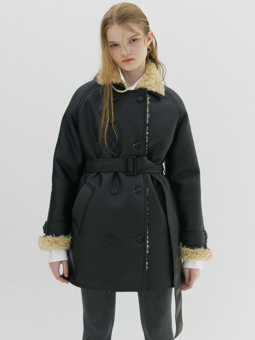 Soft Faux Shearling Trench Half Coat_Black Beige