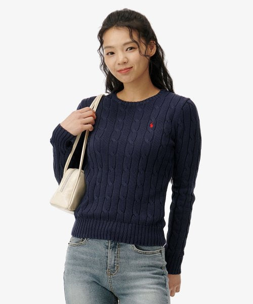 ケーブルニットコットンクルーネックセーター - ブルー