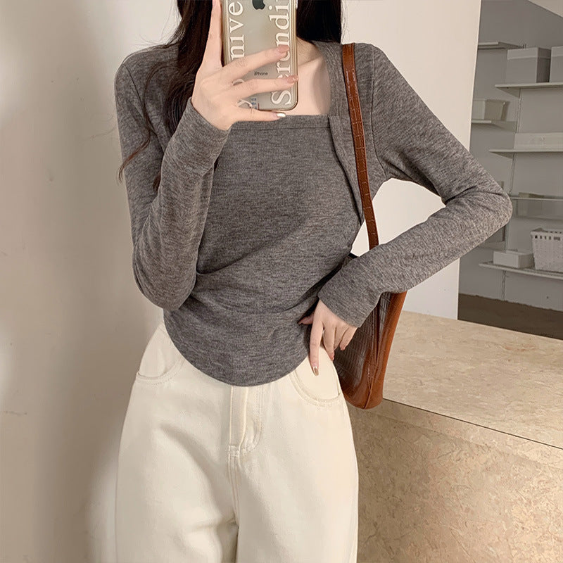 Antoine Tee Layered T-Shirt Square Neck Long-Sleeved Cotton Basic T-Shirt Spring Fall Black Beige Antoine