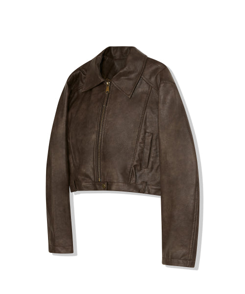 85-VIVA047 [Vegan Leather] Vintage Shape Crop Bold Biker Leather Jacket Dark Brown