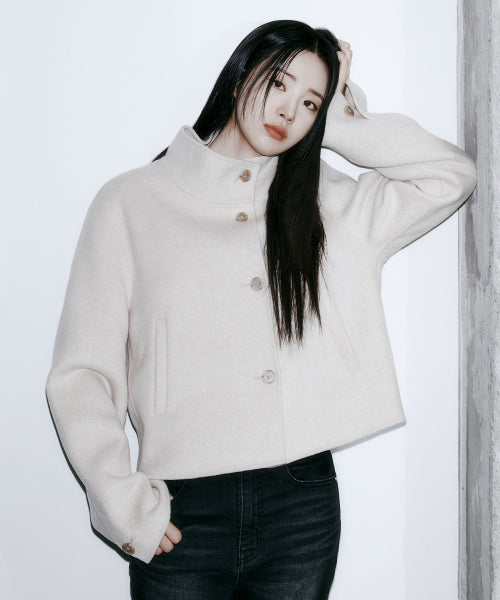Cashmere Wool Handmade High Neck Crop Coat Oatmeal MDCT011OATMEAL