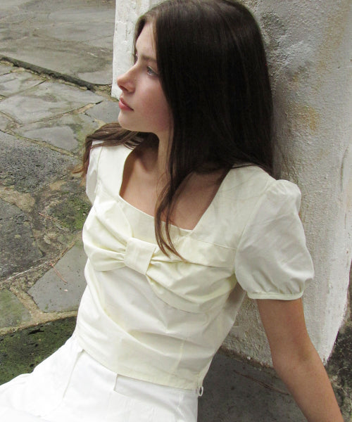 Front Ribbon Square Neck Blouse (Lemon)