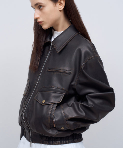 Vegan Leather Vintage Bomber Jacket in Brown