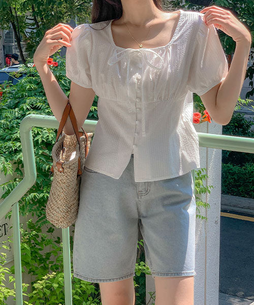 Luette epicyclistas Square Neck Puff Ribbon Bean Short Sleeve Blouse (Date Look)
