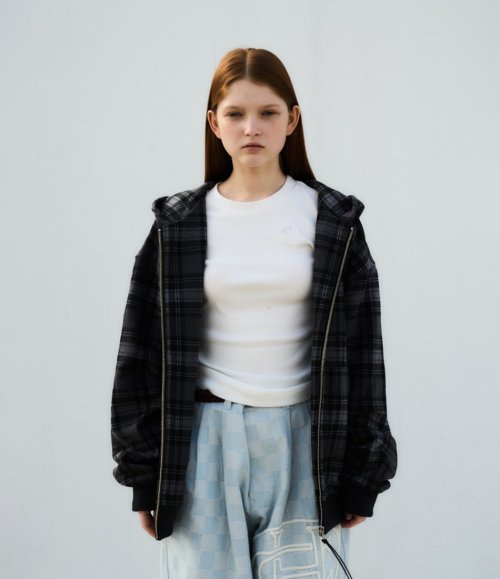 CEC CHECK ZIP-UP HOODIE (CHARCOAL)