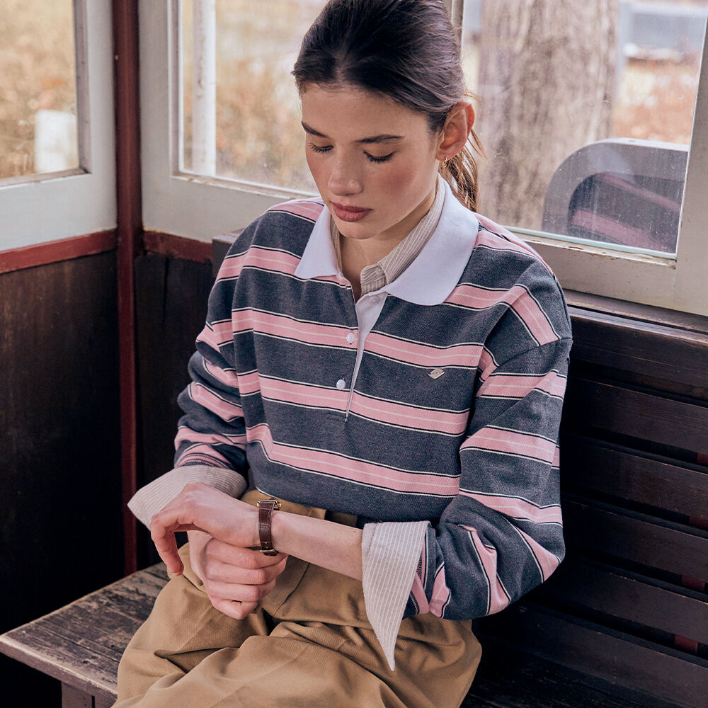 [29CM단독][S-3차-3/10예약배송]Cotton stripe base collar polo t-shirt_Charcoal