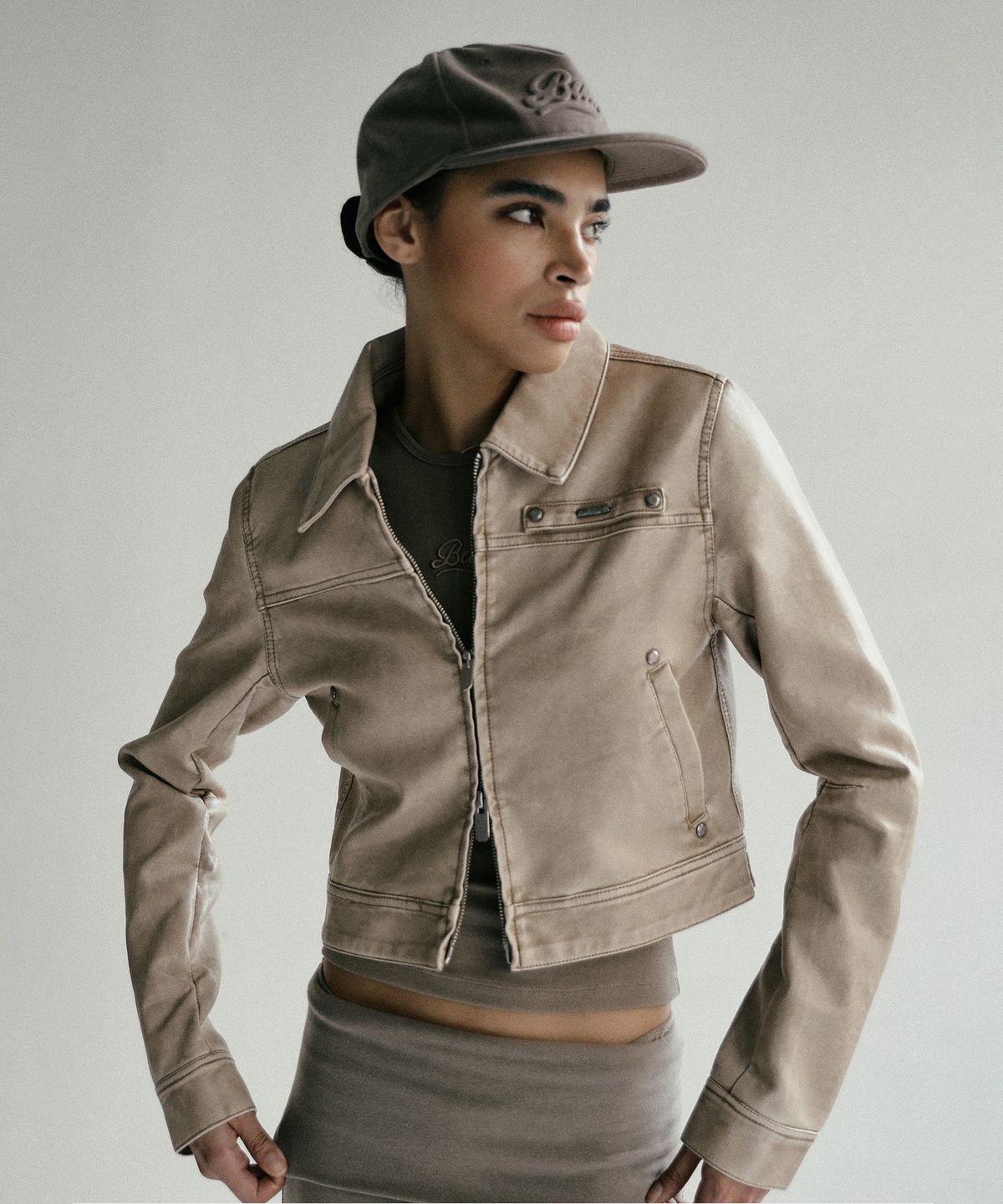 Washed Leather Harrington Jacket - Cream