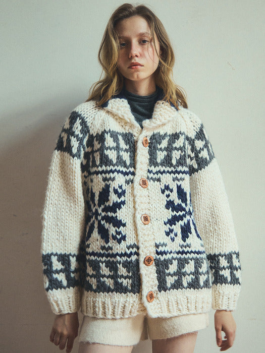 Real handmade Cowichan shawl collar cardigan in ivory