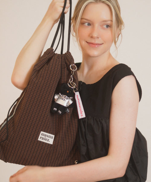 Plaid check brown gym sack string bag