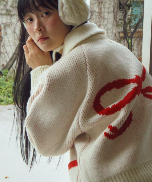 BACK HEART RIBBON COWICHAN KNIT ZIP UP IVORY RED