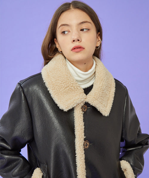 WOMEN Oversized Mustang Fleece Button Jacket Black_Beige [Button ver.]