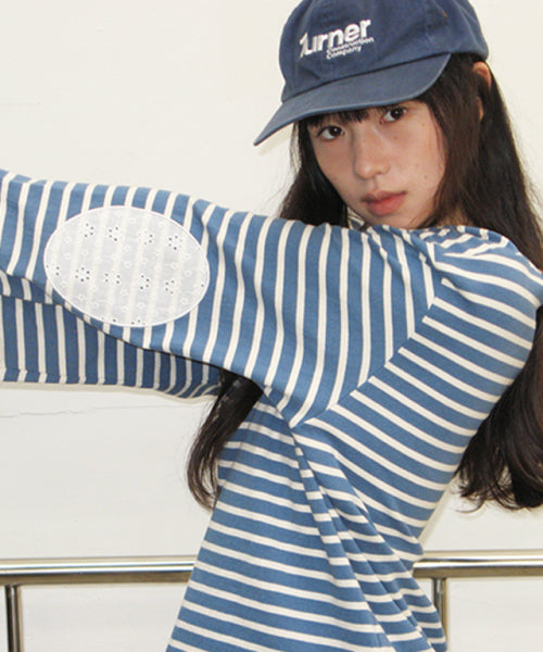 Stripe lace patch elbow patch long sleeve blue