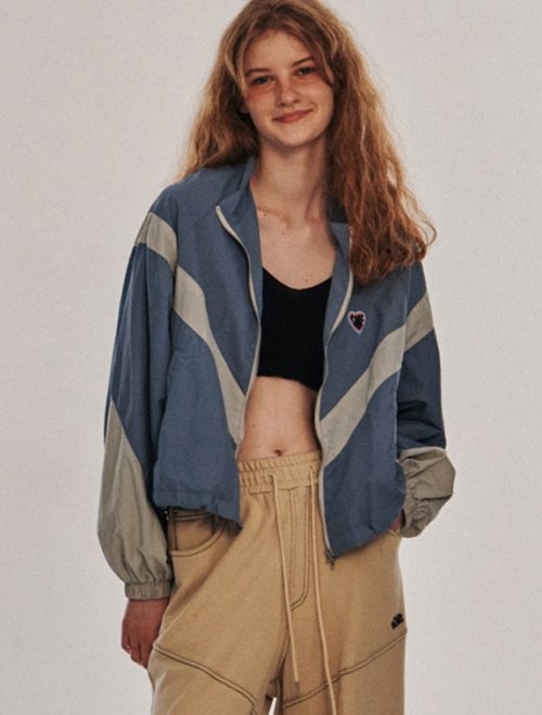 Two-Way V-Color Block Windbreaker Zip-Up Jacket Jumper [Sky Blue]