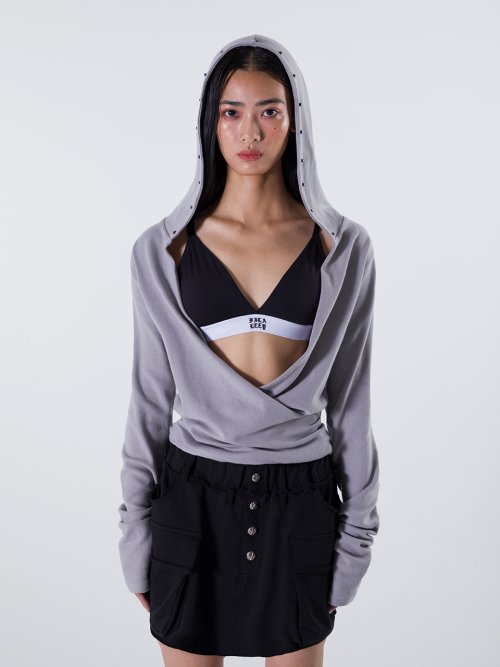 RIVET HOODIE SHIRRING ROBE TOP GRAY