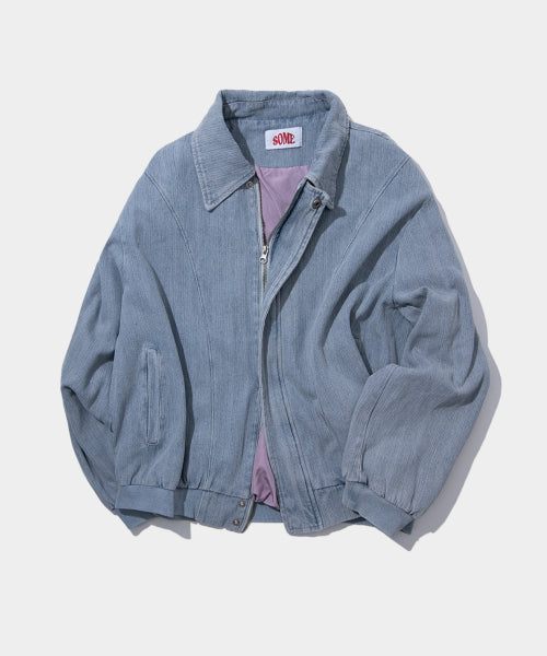 Stripe denim collar zip-up blouson work jacket jumper [light blue]