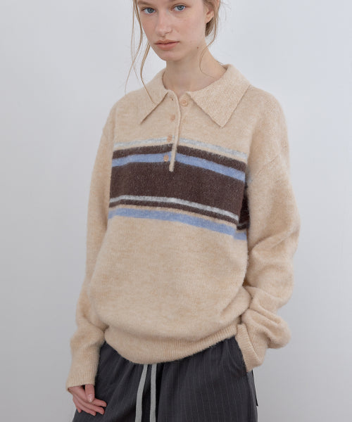 MULTI STRIPE POLO KNIT, SALMON BEIGE