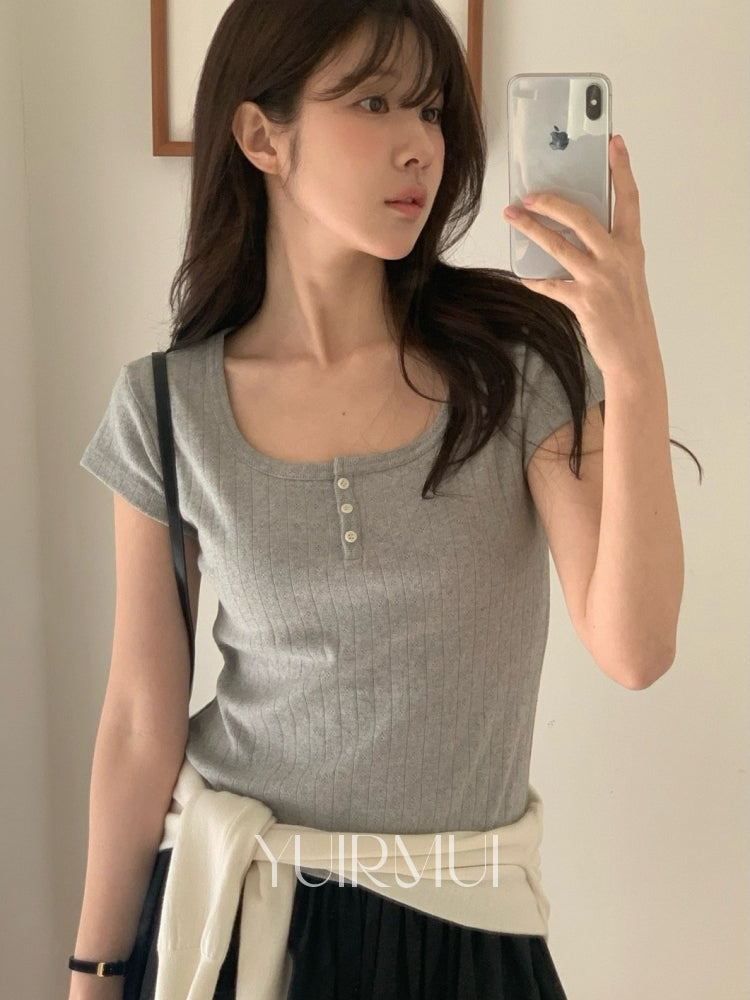 Yuirmui vergamot Bergamot Bergamot Morley Punching Button Square Cap Sleeve Short-Sleeved T-Shirt 3 colors