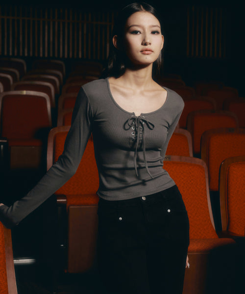 Eyelet Ribbon Long Sleeve [Deep Gray]