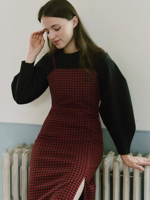 スパン ノースリーブ レイヤード チェック ドレス - レッド