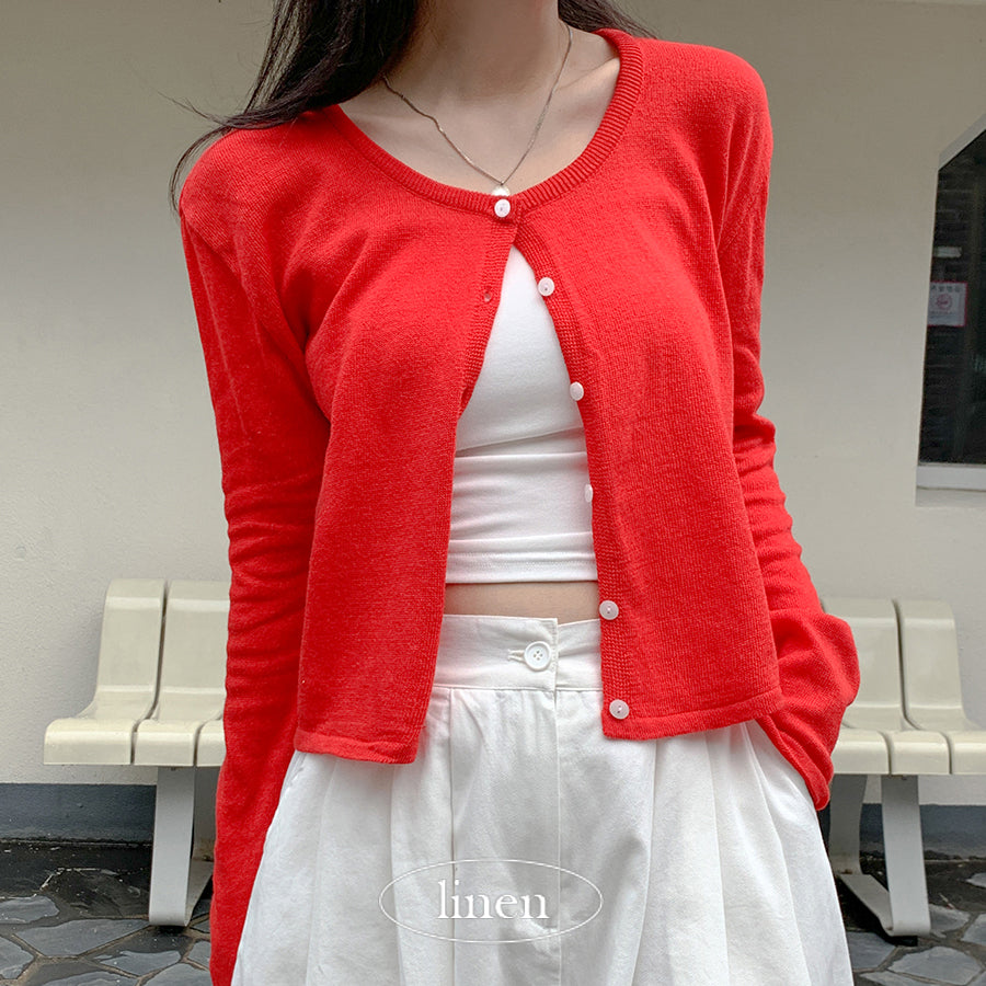 Arthur's Day [linen 💗 basic fit] Heart-racing linen round cardigan, summer long-sleeved cardigan, linen cardigan, feminine round neck plain cardigan, slim fit genuine fit guest look, change of seasons look