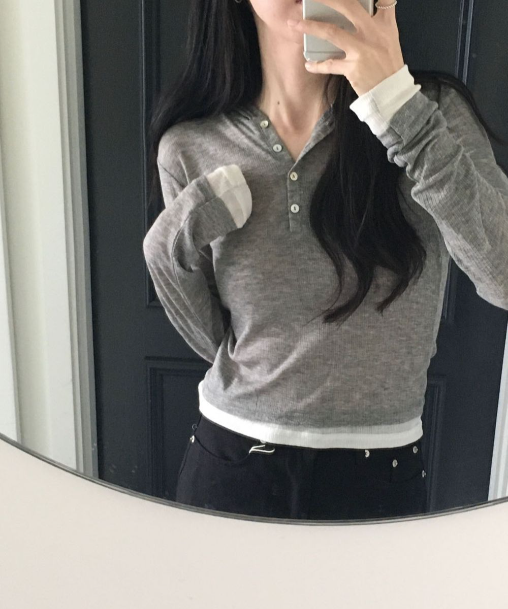 Amoroso Time Layered Hood Long-Sleeved T-shirt (3 colors) [Coloring button slim fit button long-Sleeved T-shirt Spring Inner Daily Look]